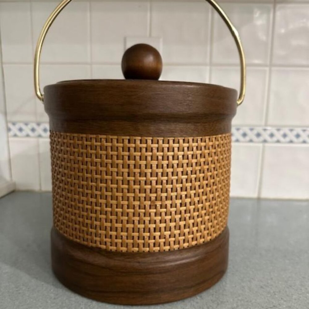 Vintage Kraftware Ice Bucket with Lid Rattan Insulated 8" MCM Kitchen Bar